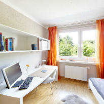The writing desk with shelves and a chair. Come and have a look at the show apartments.